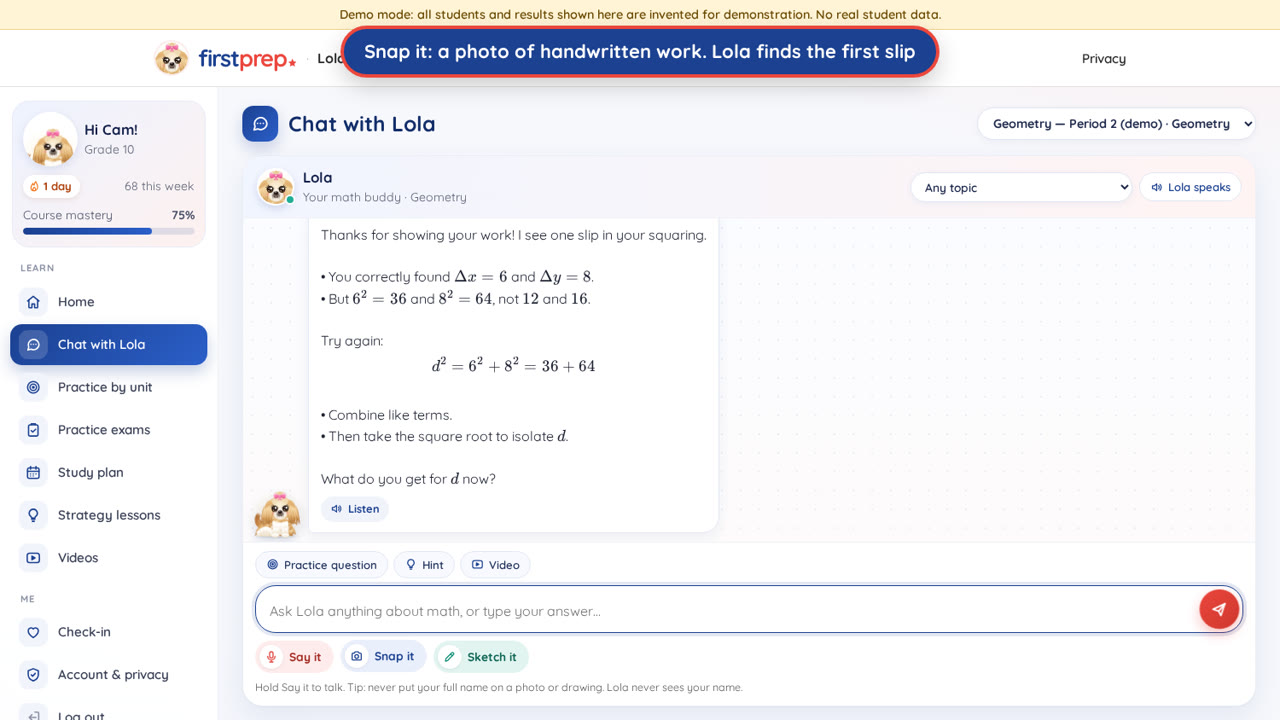 Lola's chat, pointing out a slip in a student's handwritten work