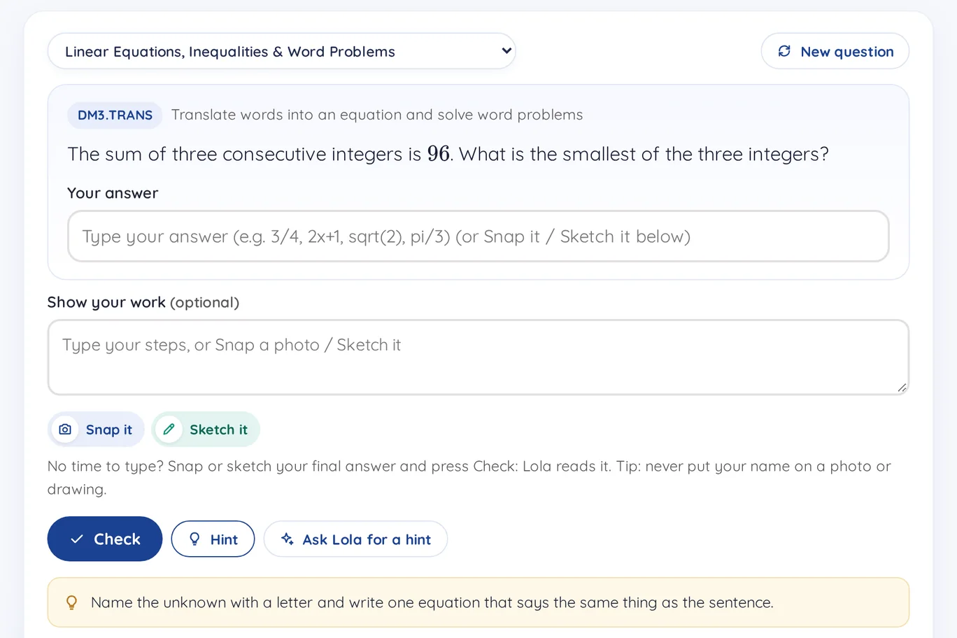 Lola Math on a desktop computer: Practice by unit with a word problem about three consecutive integers that add to 96, Snap it and Sketch it buttons, Check and Hint, and Lola's hint to name the unknown with a letter