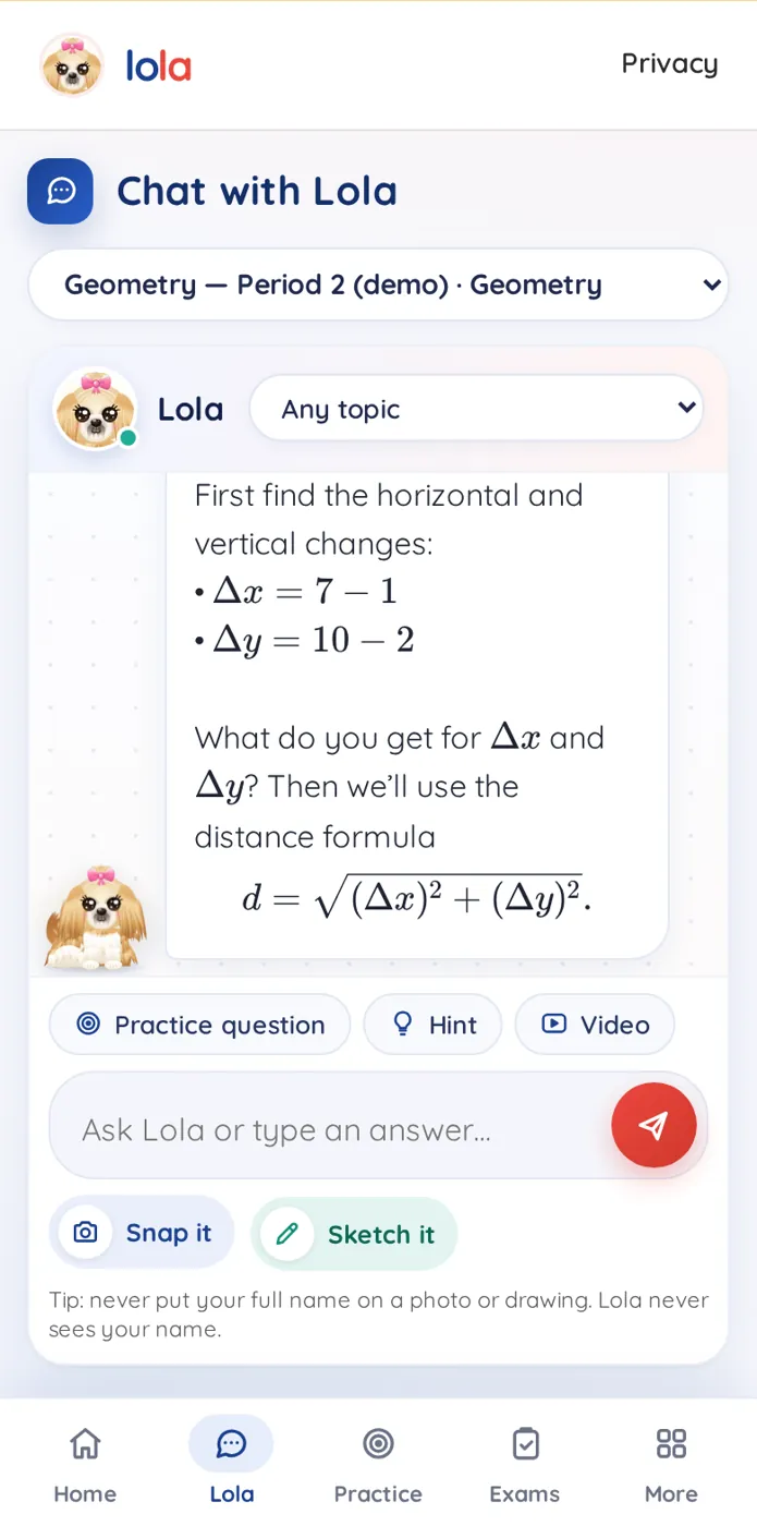 Lola Math on a phone: Lola answers a geometry question with a hint about the horizontal and vertical changes between two points