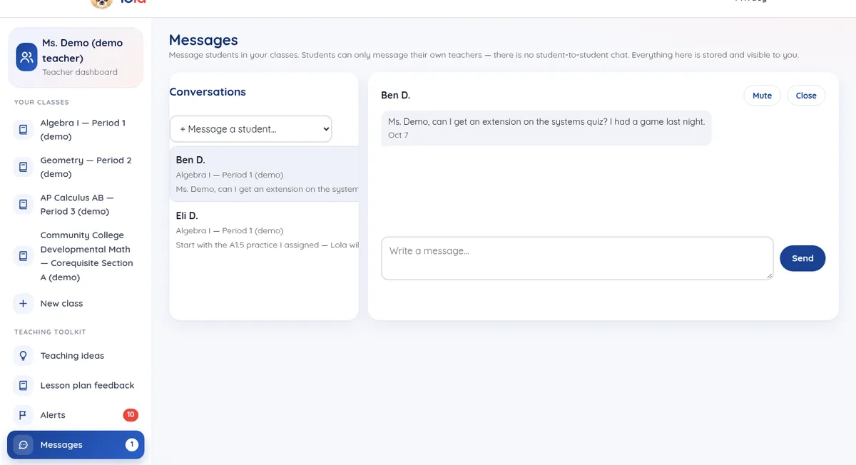 Teacher messages with a student thread open in the Lola Math teacher portal
