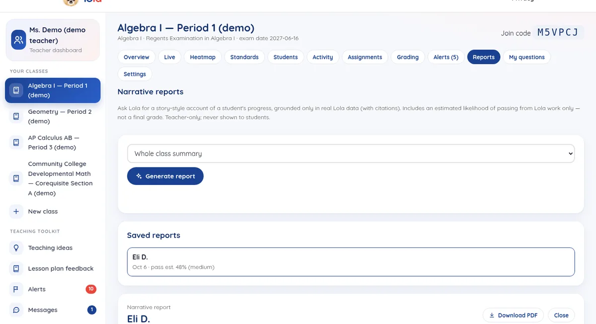 Narrative reports tab with a saved report open, including an estimated likelihood of passing from Lola work